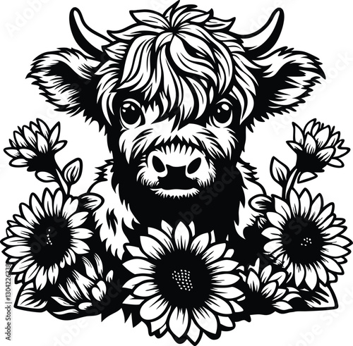 Highland Baby Cow with Sunflowers Vector Illustration, highland cow vector, Floral Highland Cow