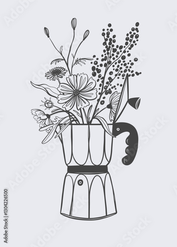 Coffee and flowers. Concept for wall art, home decoration, poster design, shirt, print, stamp or tee.