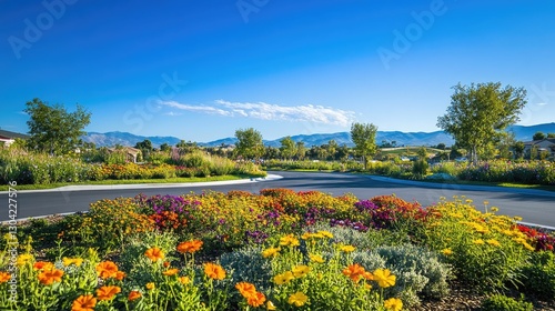 A roundabout with vibrant flowers and a clear blue sky, offering a serene and picturesque view of the landscape