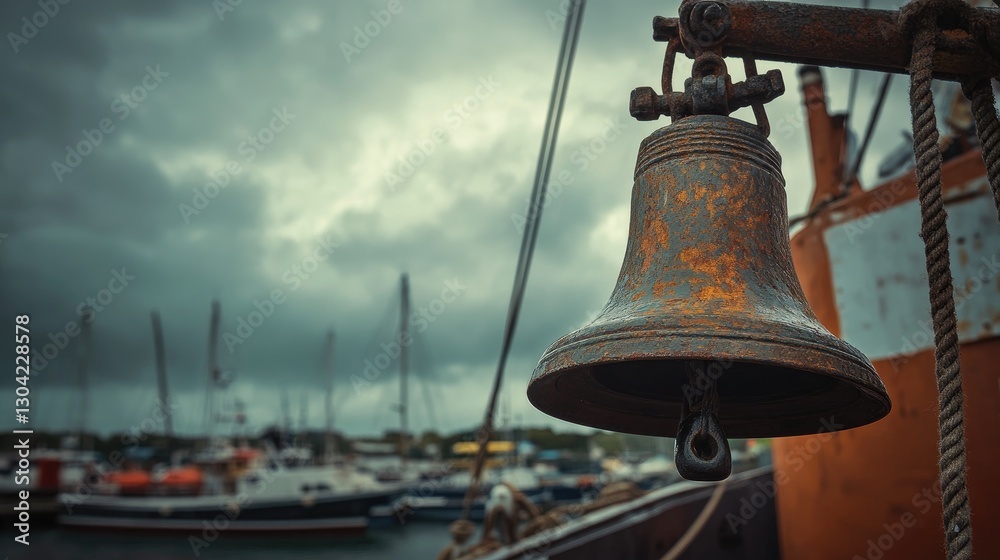 Fototapeta premium A rusty ship's bell hangs on the deck, with boats in the background under an overcast sky, capturing the timeless nature of maritime history and nostalgia for the sea