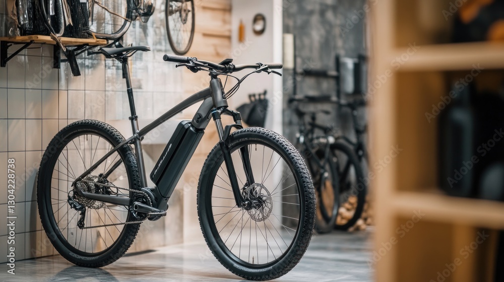 Sleek electric bike showcased in modern shop interior Sleek electric bike showcased in modern shop interior