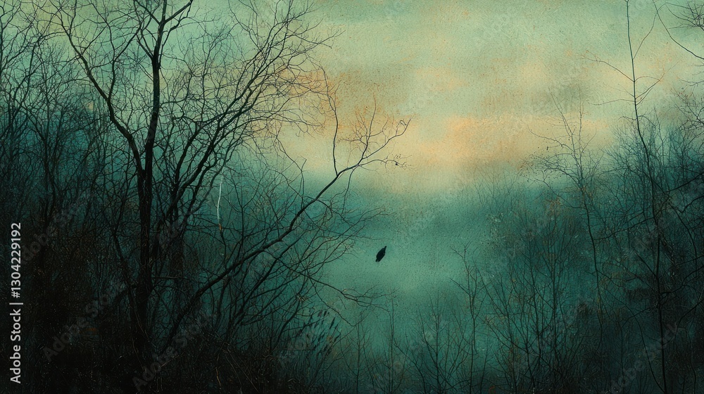 Obraz premium Autumnal forest scene, leaf falling, misty atmosphere, twilight