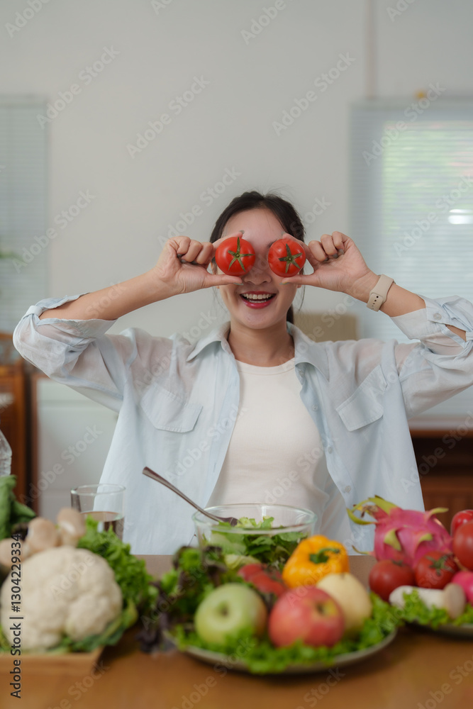 Young woman holding tomatoes in front of eyes while having lunch with vegetables and fruits