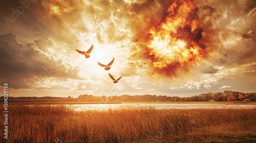 Birds Flying Over Fiery Explosion at Sunset Landscape