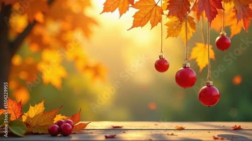 Autumnal Serenity Red Ornaments Dangling from Maple Leaves, Peaceful Wooden Surface Below