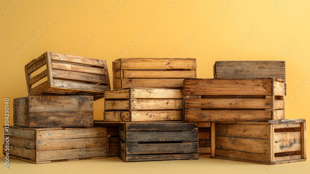 Stacked wooden crates against a yellow background. Stacked wooden crates against a yellow background.