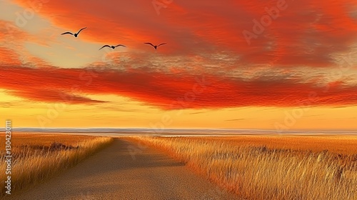 Birds Flying Over Golden Wheat Field at Sunset Beach