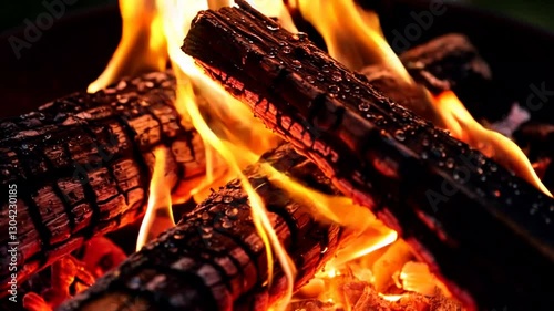 Mesmerizing Close-Up of a Campfire with Burning Wood and Glowing Embers