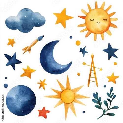 A set of watercolor drawings of the sun, moon, and stars
