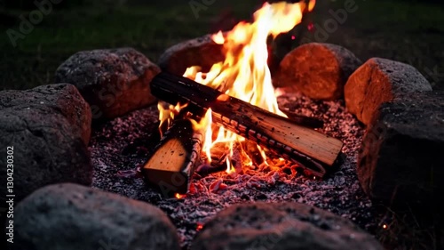 Cozy Campfire Burning Brightly at Night Surrounded by Stones and Emitting Warm Light
