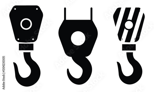 Crane hook icon, vector. Silhouette of crane hook design set. Crane hook sign symbol design set. Pulley Icon. Tackle, Crane Hook Symbol within Glyph Style.