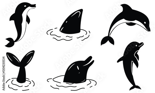 Dolphin icon. Dolphins graphic icons set. Signs swimming dolphins isolated on white background. Sea life symbols. Vector illustration