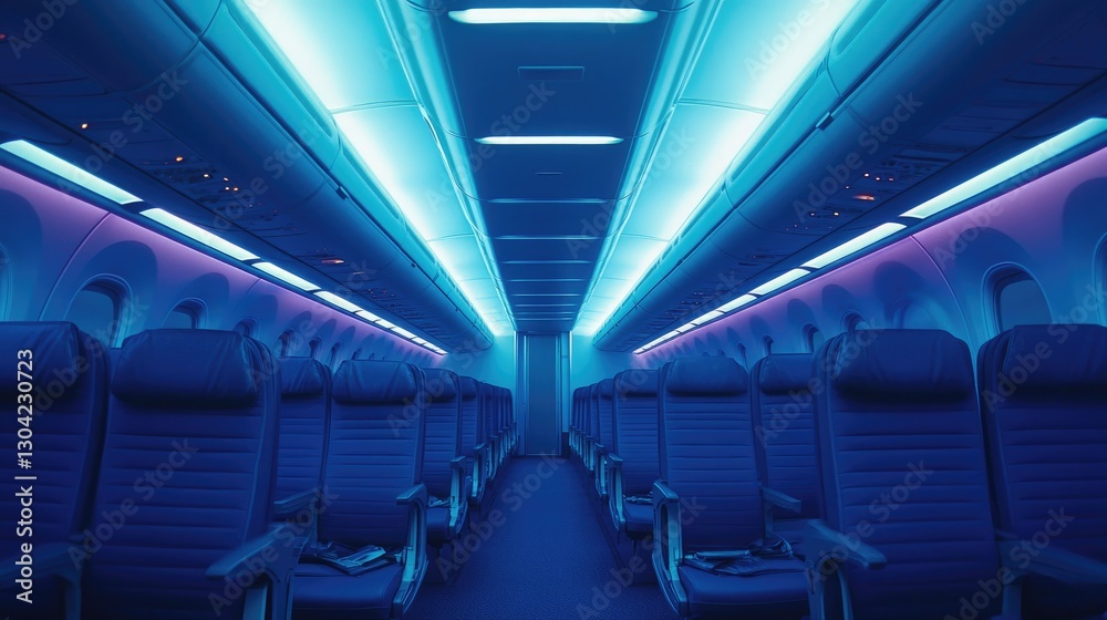 A spacious airplane aisle with blue seats, lit by overhead lights, offering a serene and quiet atmosphere before the start of a flight, highlighting comfort and tranquility A spacious airplane aisle with blue seats, lit by overhead lights, offering a serene and quiet atmosphere before the start of a flight, highlighting comfort and tranquility