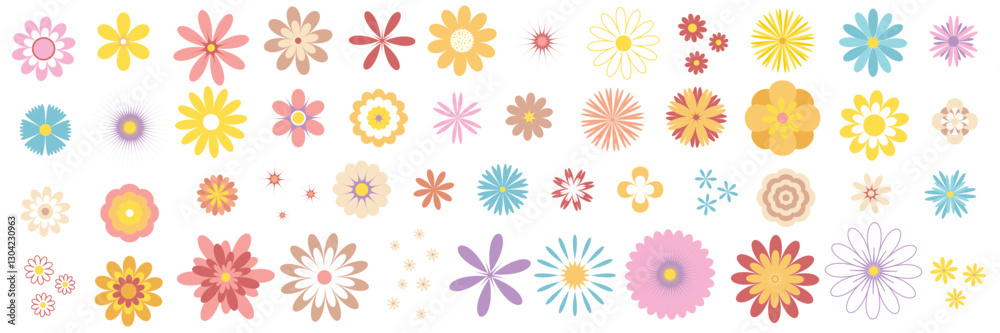 Big set of spring flowers. Different shapes and sizes of flower heads, cute spring summer botanical collection. Colored natural clip art bloom, vector graphics Big set of spring flowers. Different shapes and sizes of flower heads, cute spring summer botanical collection. Colored natural clip art bloom, vector graphics