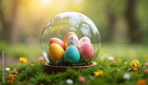 Eye-Catching Easter Egg Display in a Glass Globe on a Garden – Stunning Stock Image for Businesses