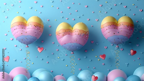 Rainbow balloons and hearts on blue background