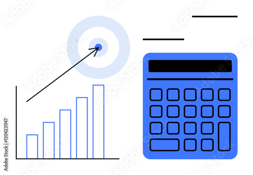 Bar chart increasing trends paired with a calculator and bullseye target arrow. Ideal for finance, analytics, goal-setting, business strategy, accounting, planning, precision, flat simple metaphor