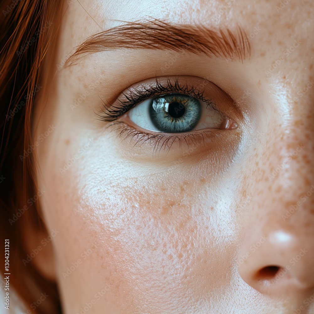 Fototapeta premium A close-up photo of the face of a 30-year-old woman, the skin texture is natural and well-defined, pores and fine wrinkles are visible.