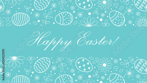 Happy Easter greeting horizontal banner. Festive card for Easter Sunday. Cute design with pattern of eggs, flowers and herbs. Vector graphic