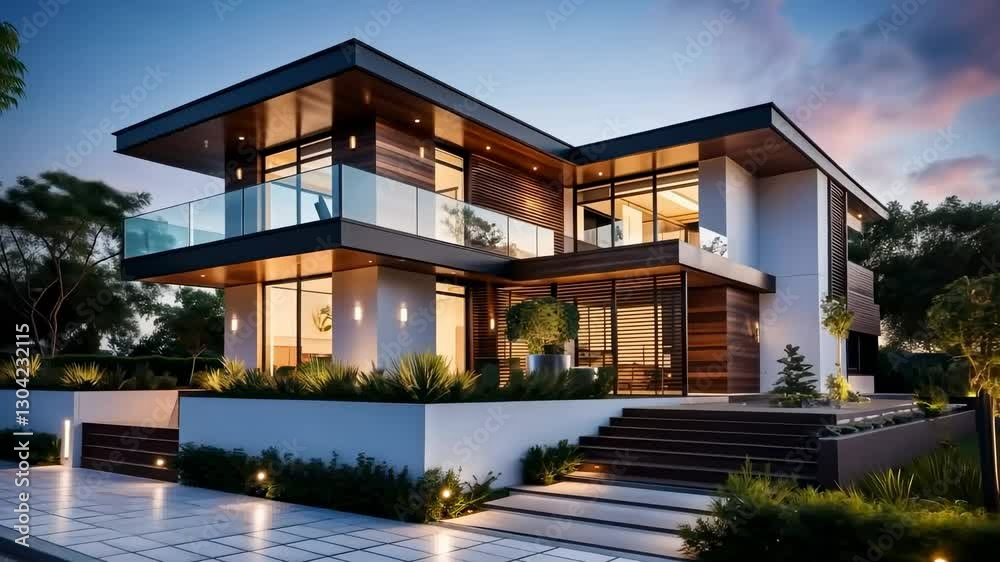Modern two-story house with glass and wood facade, captured at dusk from a low angle. Ideal for a real estate video showcasing luxury homes. Modern two-story house with glass and wood facade, captured at dusk from a low angle. Ideal for a real estate video showcasing luxury homes.