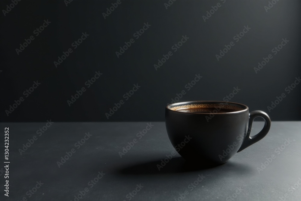 A single dark cup of coffee sits on a dark surface against a dark background, illuminated by a subtle light source.