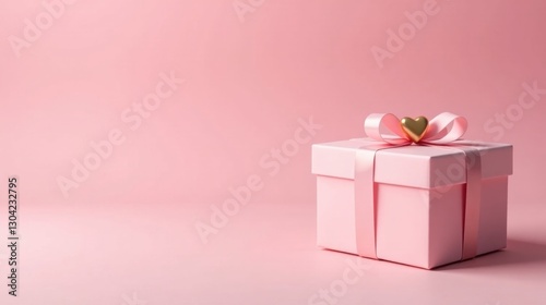 A delicately wrapped pink gift box with a golden heart accent, sitting on a soft pink background, ready for a special occasion