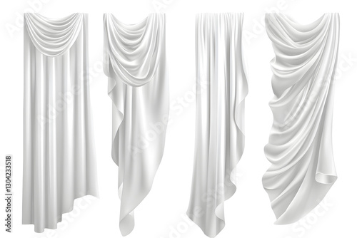 Realistic set of white curtains hanging. Vector illustration of silk fabric sheets, veil fluttering in wind. Home textile, light drapery isolated on white or transparent background