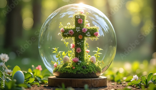 Elegant Floral Cross Inside a Glass Globe in a Garden – A Symbolic Easter Image for Faith-Based Marketing and Promotions