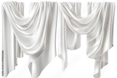 Realistic set of white curtains hanging. Vector illustration of silk fabric sheets, veil fluttering in wind. Home textile, light drapery, isolated on white or transparent background