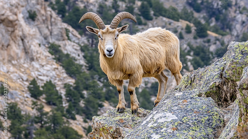 Mountain goat stands rocky peak, wild landscape Mountain goat stands rocky peak, wild landscape