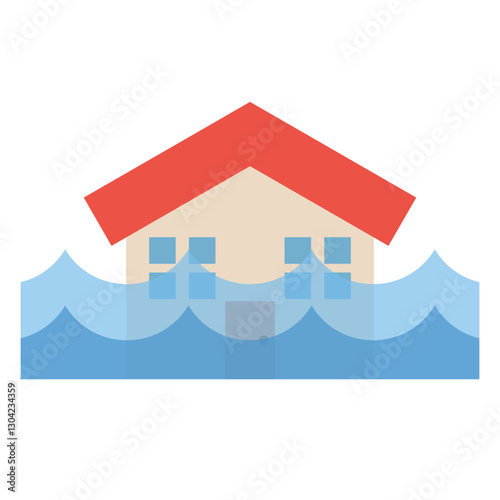 House Partially Submerged in Rising Floodwaters. Vector.
