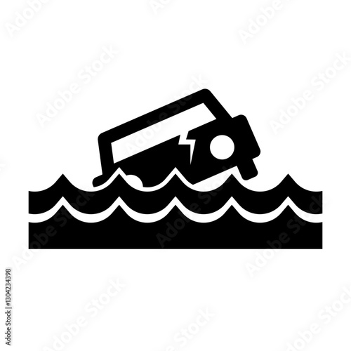 Overturned Car Submerged in Floodwaters. Vector.