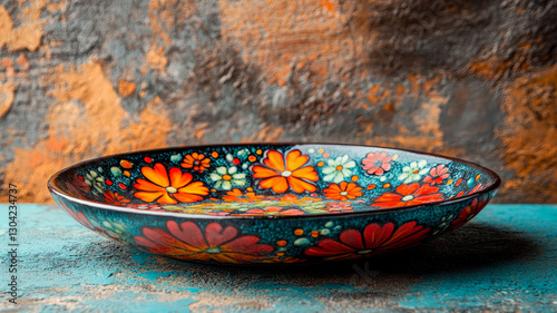 Decorative ceramic plate with colorful floral pattern.