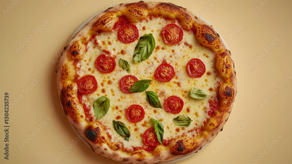 Margherita pizza with tomatoes and basil on a beige background. Margherita pizza with tomatoes and basil on a beige background.