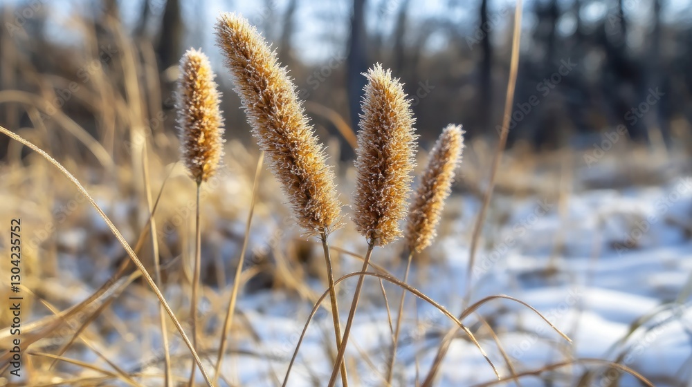 Fototapeta premium Frost-covered grass blades in a snowy landscape during winter