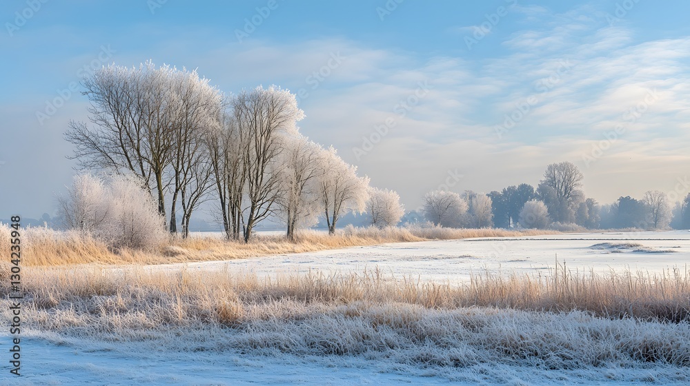 A frozen winter landscape with sparkling snowfields and ice-coated trees under a soft blue glow A frozen winter landscape with sparkling snowfields and ice-coated trees under a soft blue glow
