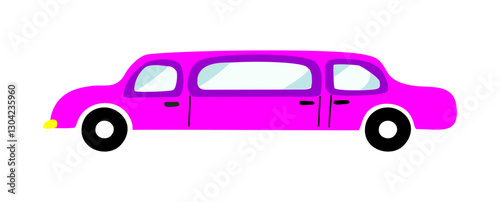 Pink Limousine, long stretched car. Limo, luxury VIP automobile. Premium prestige classy expensive large auto transport, road vehicle. Cartoon flat vector illustration isolated