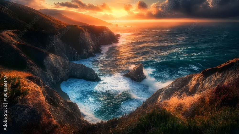 A dramatic coastal cliff with turquoise ocean waves crashing below under a golden sunset A dramatic coastal cliff with turquoise ocean waves crashing below under a golden sunset