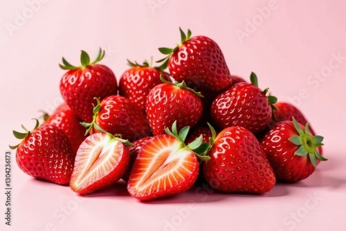 A delightful pile of ripe, juicy strawberries, some halved, showcasing their vibrant red color and appealing texture against a soft pink background.