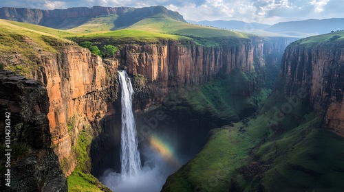 A dramatic waterfall plunging into a deep gorge with mist forming rainbows