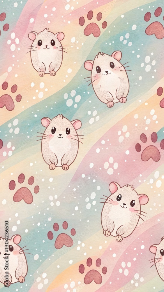 Cute Pet Illustrations in Digital Art Style Concept. Cute hamsters and paw prints on a pastel gradient background, perfect for kids' designs. Seamless Pattern.