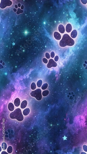 Cute Pet Illustrations in Digital Art Style Concept. Galactic background with cosmic paw prints in a vibrant starry space. Seamless Pattern. photo