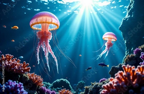Underwater world. Jellyfish at the Great Barrier Reef. Worl Oceans Day banner background placard cover. Colored underwater wildlife nature with sun light. 