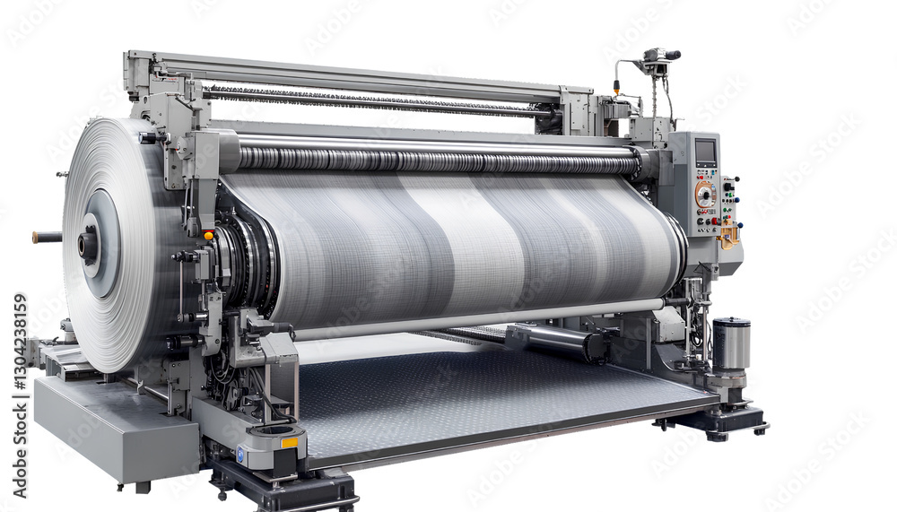 A plain gray textile machine with large rolls of fabric being printed on it, transparent background, PNG A plain gray textile machine with large rolls of fabric being printed on it, transparent background, PNG
