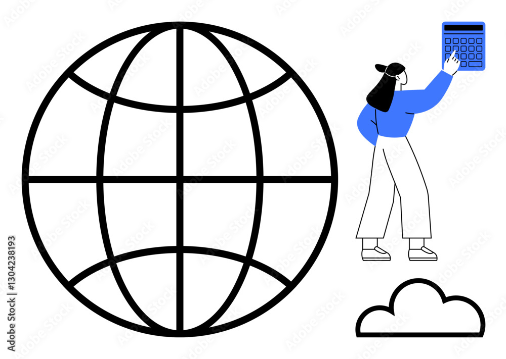 Woman reaching a calculator, large wireframe globe, and a cloud representing global data, cloud services, or finance. Ideal for technology, global connectivity, cloud computing, finance business Woman reaching a calculator, large wireframe globe, and a cloud representing global data, cloud services, or finance. Ideal for technology, global connectivity, cloud computing, finance business