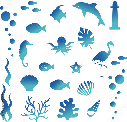 夏　海　生物　植物　アイコン　あしらい　飾り　シルエット　おしゃれ　かわいい　イラスト素材セット