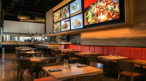 Digital signage screens illuminate the stylish interior of a modern restaurant, showcasing menus, specials, and vibrant promotions in a high-tech dining space.