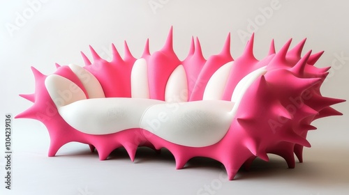 Featuring an abstract spiky design in pink and white, this couch offers an imaginative exploration of modern aesthetics, inviting viewers to rethink traditional furniture concepts.