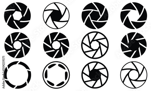 Camera shutter icons set. Photo lenses aperture, cameras shutter silhouette icon and shutter apertures pictogram. Lomography film lens or snap optics objective lenses - vector