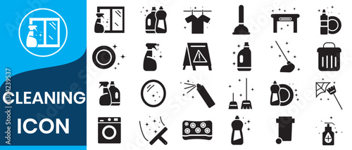 Cleaning icons set. Washing, cleaning, laundry symbol collection. Cleaning and hygiene icons Gloves, Spray Bottle, Sponge, Mop icon. Design signs for web page, mobile app, packaging design. 